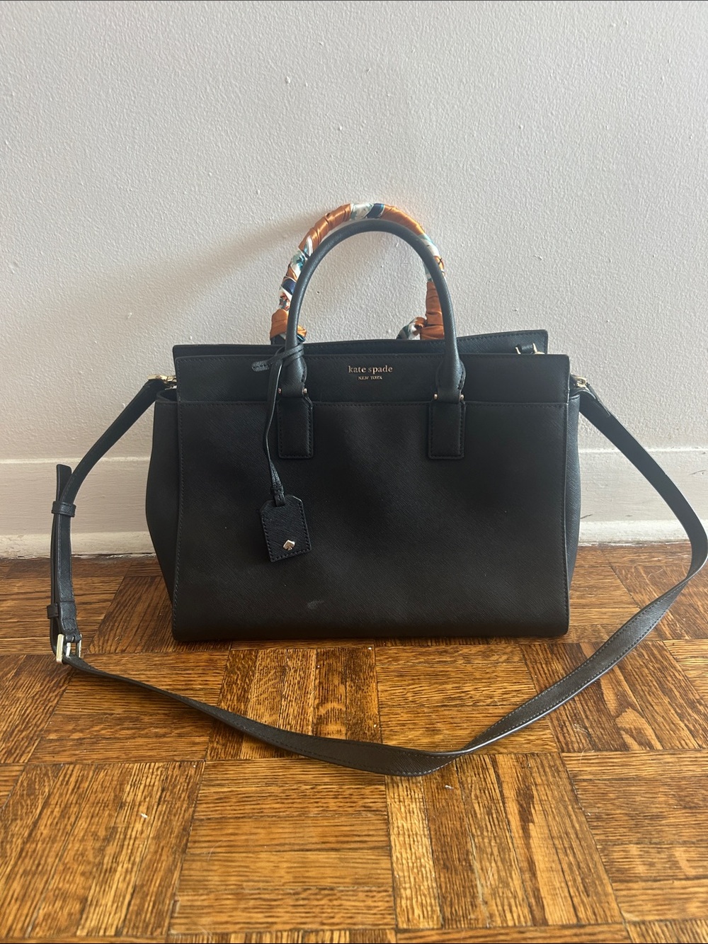 kate spade Black Leather Bag with Scarf-Wrapped Handles and crossbody strap
